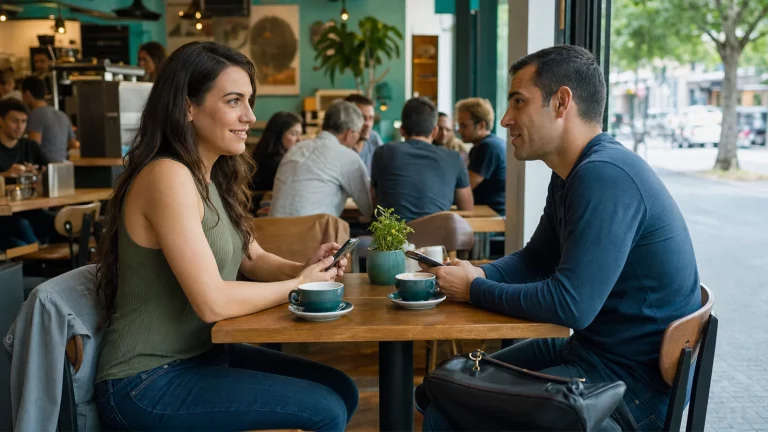 A trans adult and their date meeting comfortably at an inclusive public café.