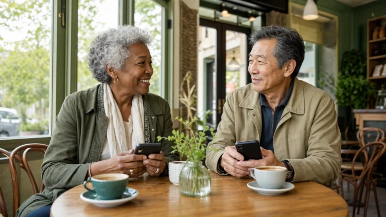 Two older adults enjoying a relaxed daytime date in a public café.