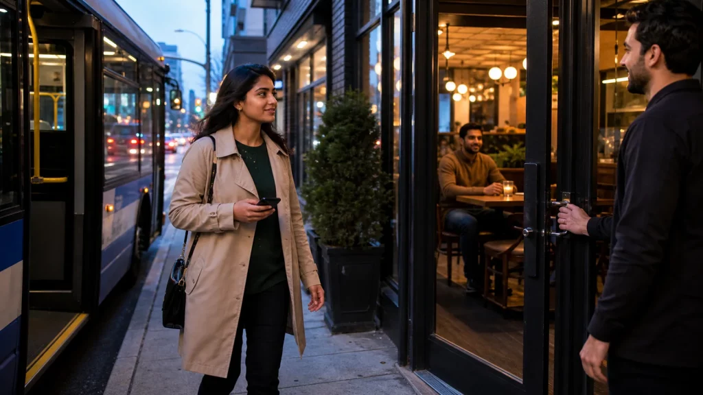 An adult arriving independently for a blind date at a lively public café.