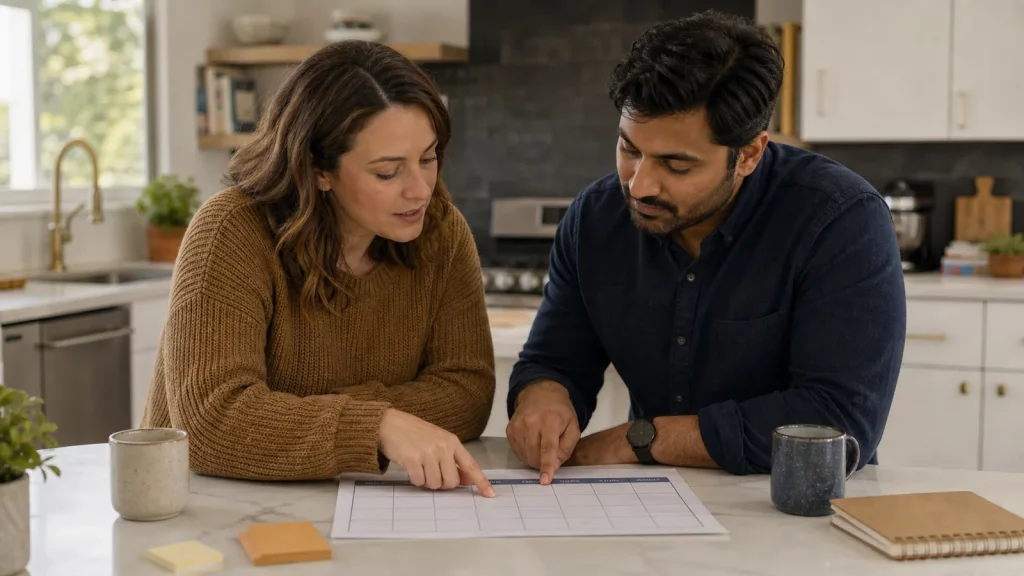 Two partners reviewing a shared weekly plan and household responsibilities together.