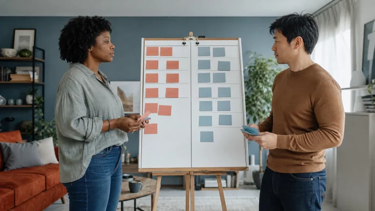 Two partners calmly dividing complete task ownership with a household planning board.