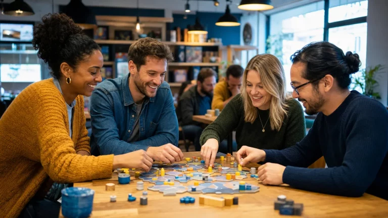 Four adults laughing together over a cooperative tabletop activity at a café.