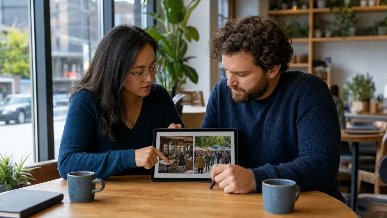 Two adult daters planning a comfortable outing together with clear choices about the setting.