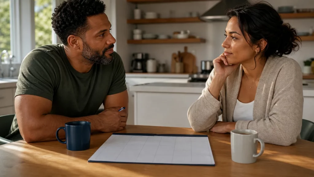 A parent and new partner calmly planning a short, low-pressure introduction with the child in mind.