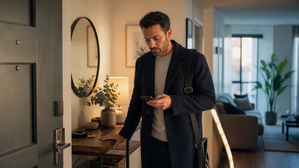 An adult preparing calmly for a first date with a simple plan and independent transportation.