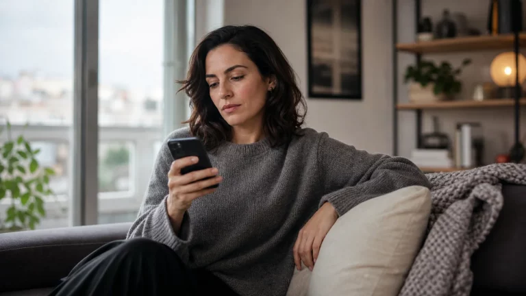 An adult reviewing safety options before ending a dating-app conversation on a phone.