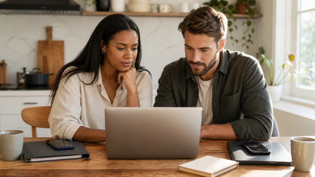Two adult partners reviewing a shared-money plan while retaining individual account access.