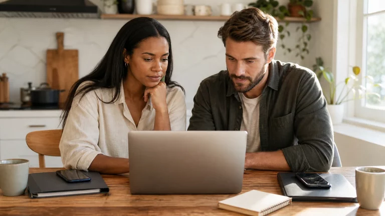 Two adult partners reviewing a shared-money plan while retaining individual account access.