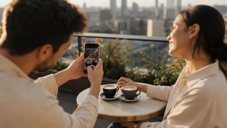 Two adult partners creating a subtle relationship photo together at an outdoor rooftop café.