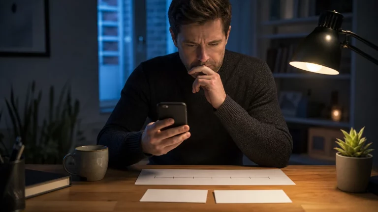 An adult comparing an important dating message with a simple timeline of verifiable facts.