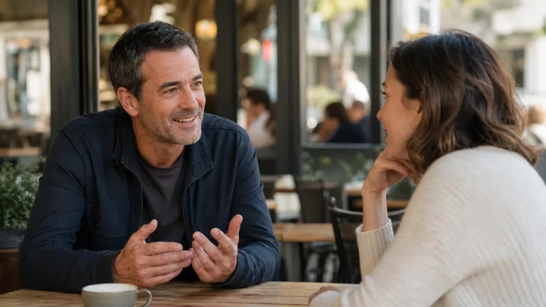 A man in his 40s having a relaxed, attentive conversation during a public daytime date.