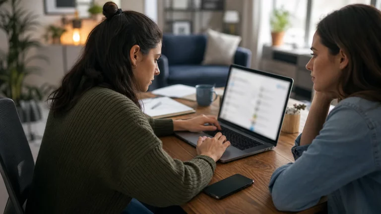 An adult documenting online harassment on a secure device with support from a trusted person.
