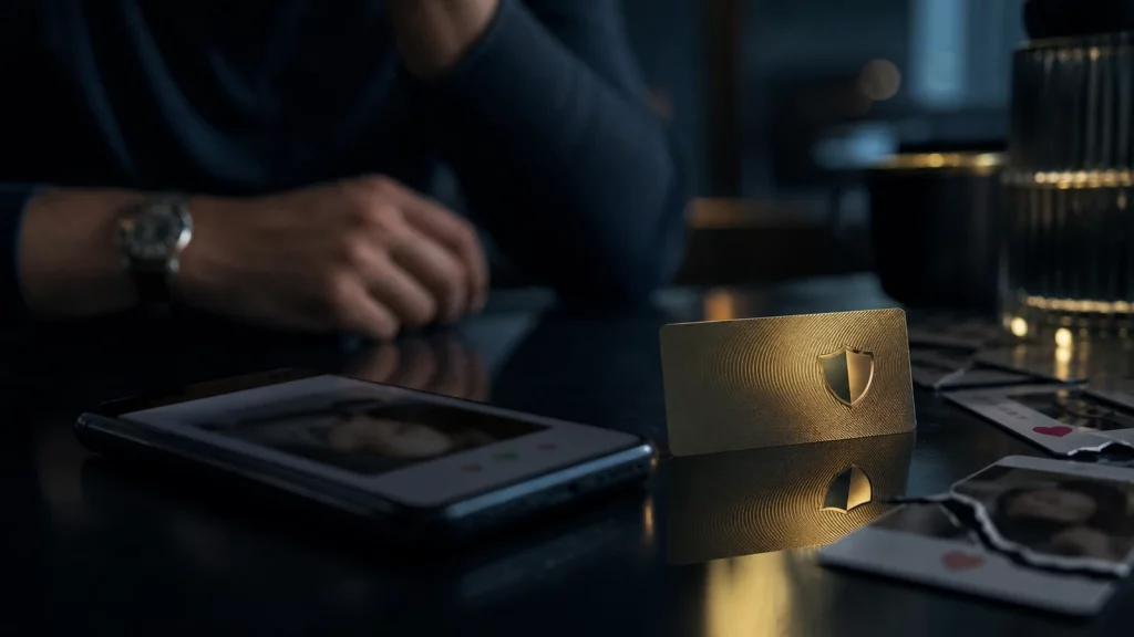 Cinematic editorial image of a dating app phone beside a gold trust card, symbolizing the shift from swiping to portable trust.