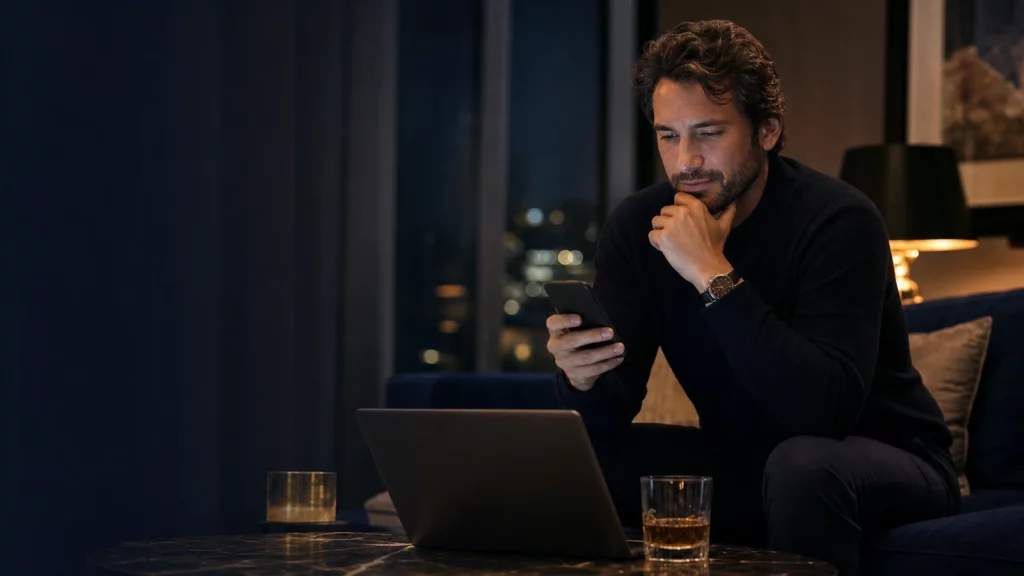 A man reviews a dating profile on his phone in a warm lounge before deciding whether to ask for a video call before a first date.