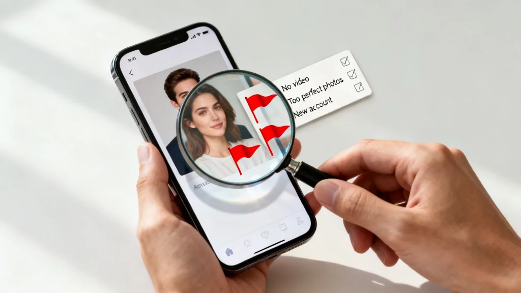 Person examines a dating app profile on a smartphone with a magnifying glass, showing red flags and a checklist.