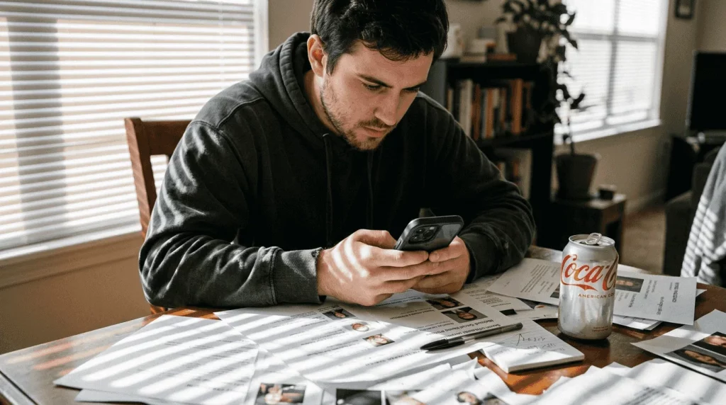 Man using phone to verify a dating profile for scam detection