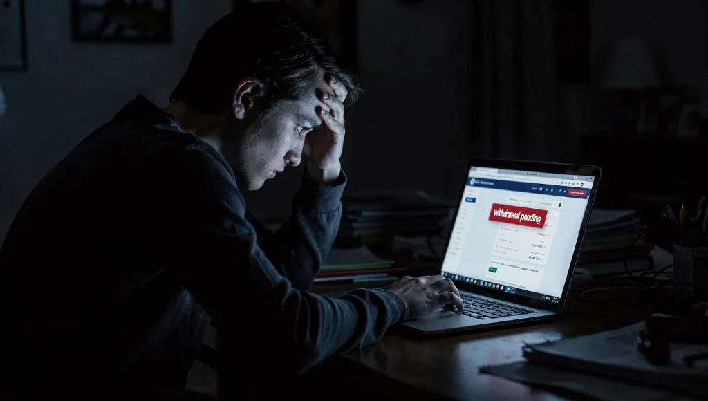 person stressed looking at withdrawal pending screen on laptop
