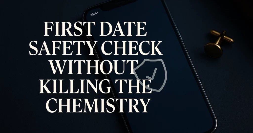 Social sharing preview for First Date Safety Check Without Killing the Chemistry Guide, designed as a premium GuyID visual explaining First Date Safety Check Without Killing the Chemistry.